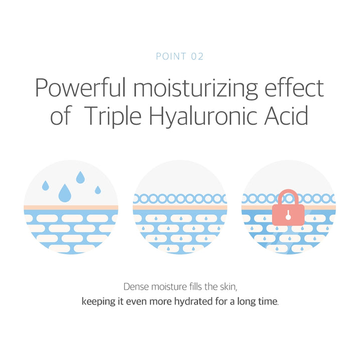 Infographic: Triple hyaluronic acid complex inside the ROUND LAB Korean Beauty Dokdo lotion, to keep skin hydrated 