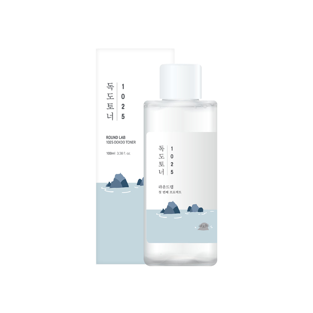 Korean brand Round Lab's Best selling Dokdo exfoliating toner for acne prone skin in a mini travel size