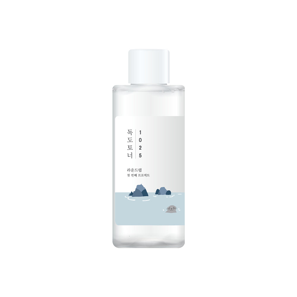 Korean brand Round Lab's Best selling Dokdo exfoliating toner for acne prone skin in a mini travel size